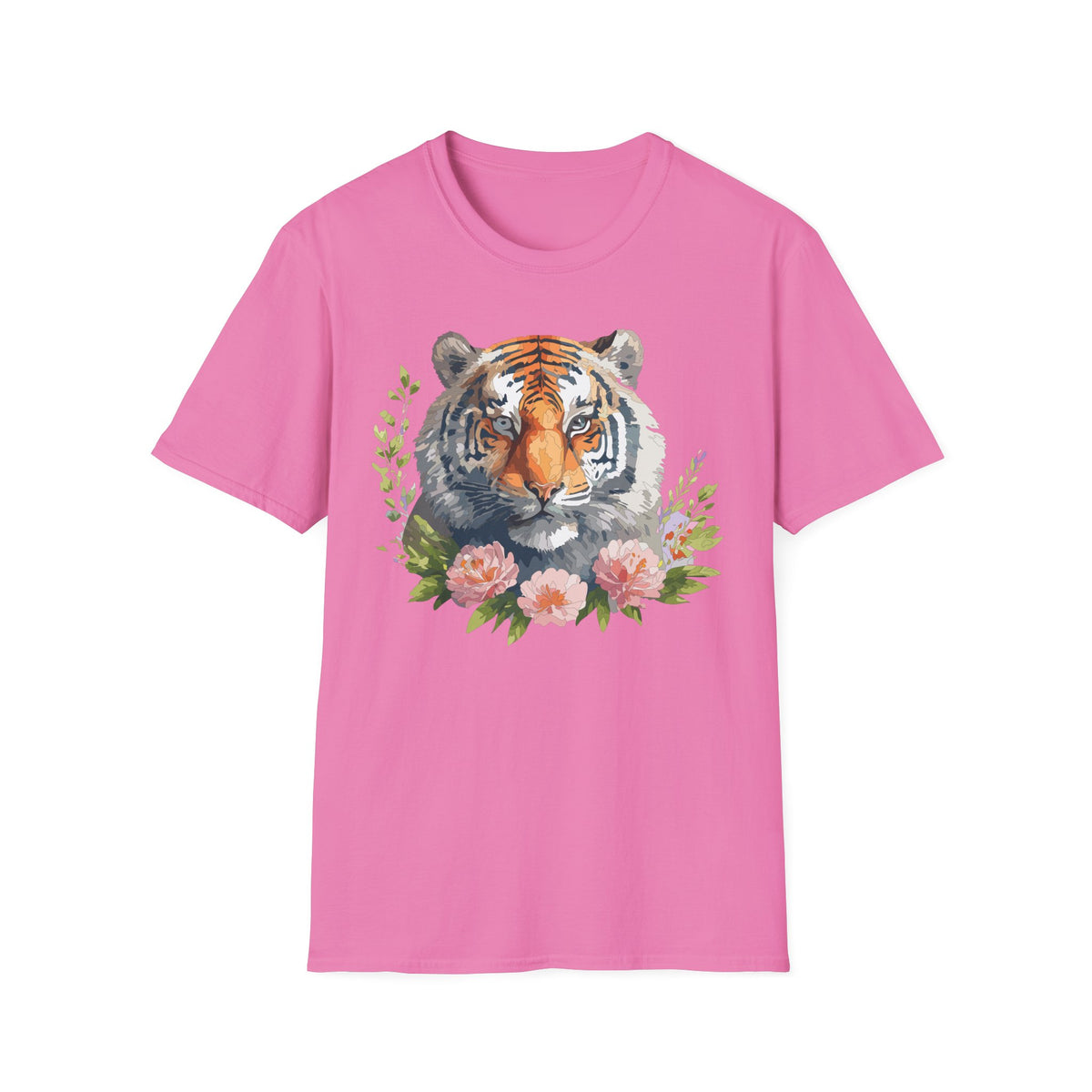 Watercolor Tiger Head T-Shirt | Floral Accents, Botanical Illustration
