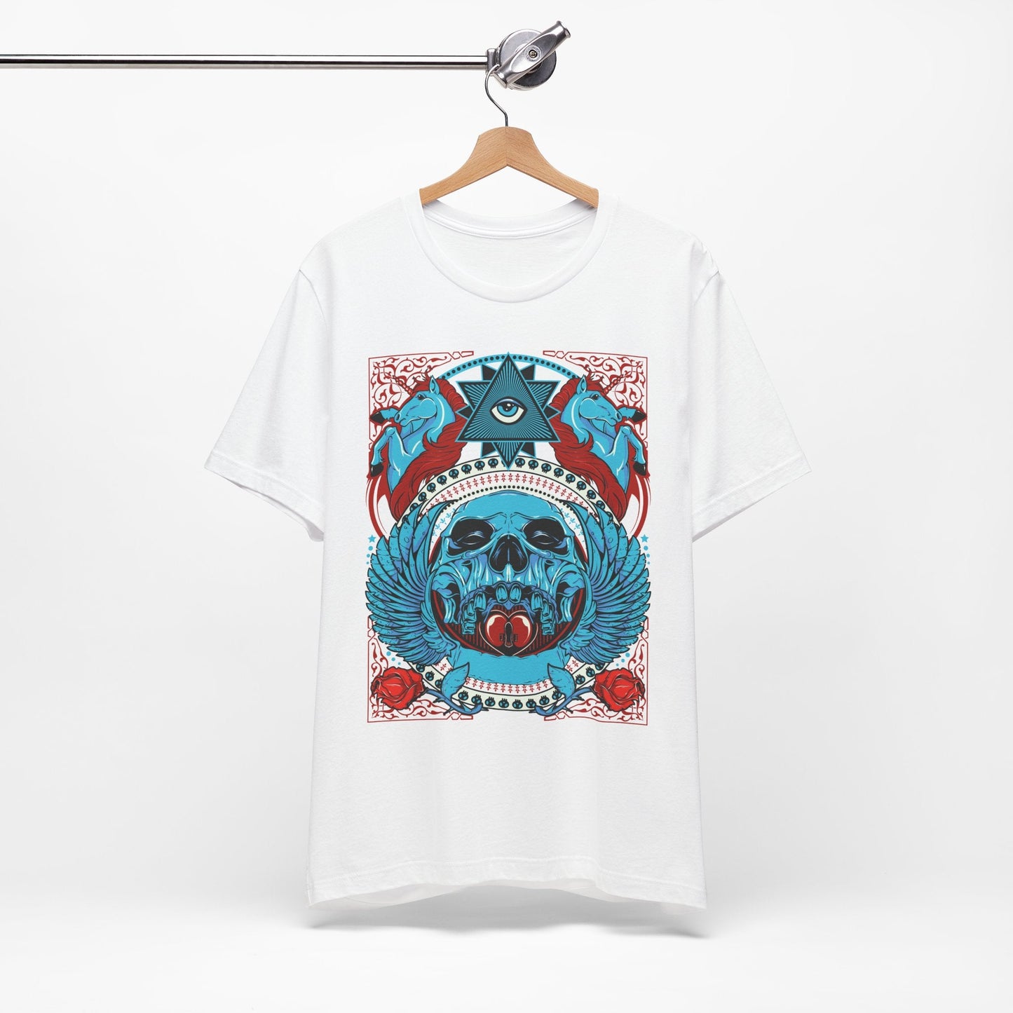 All-Seeing Skull Illustration Tee Winged Skull Third Eye Roses T-Shirt