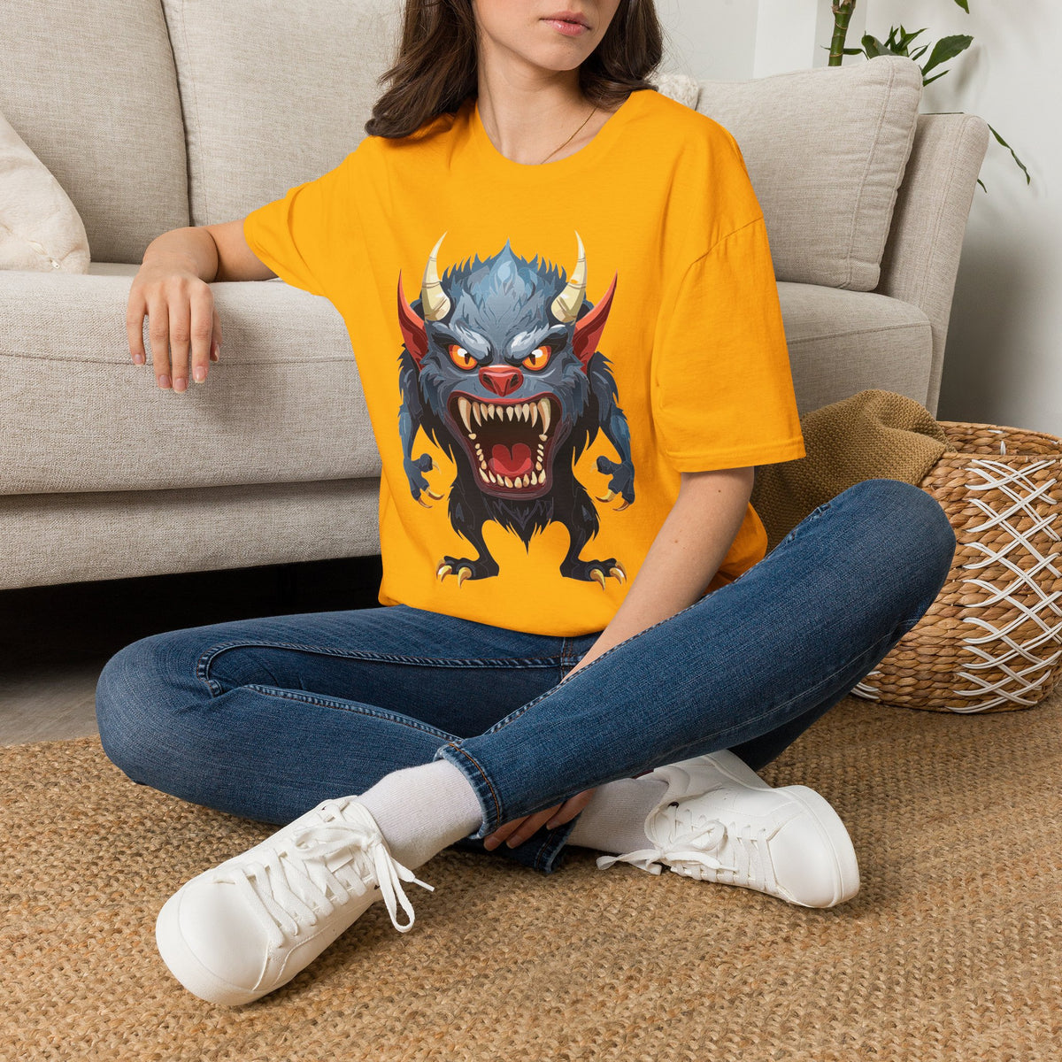 Werewolf Monster T-Shirt — Fierce Demon Face for Halloween Cartoon Graphic Tee Unisex 100 Cotton Gildan T-Shirt
