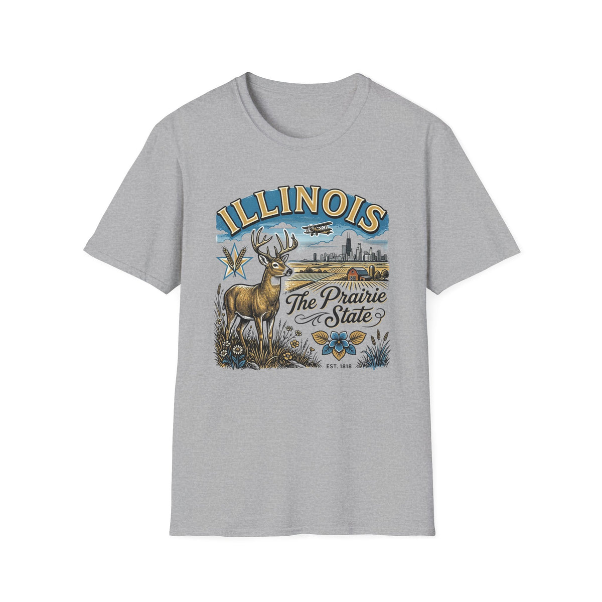 Illinois The Prairie State T-Shirt — Deer & Skyline Vintage Travel Tourist Graphic Tee Unisex 100 Cotton Gildan T-Shirt
