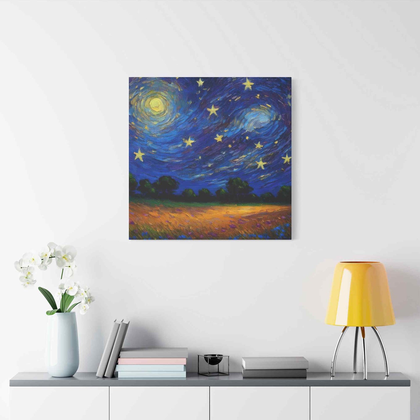 Starry Night Print Canvas, Oil Paint Print 20x20, 24x24, 30x30, 32x32, 36x36 Art Design Print Pine-Wood Inner Frame MC-39