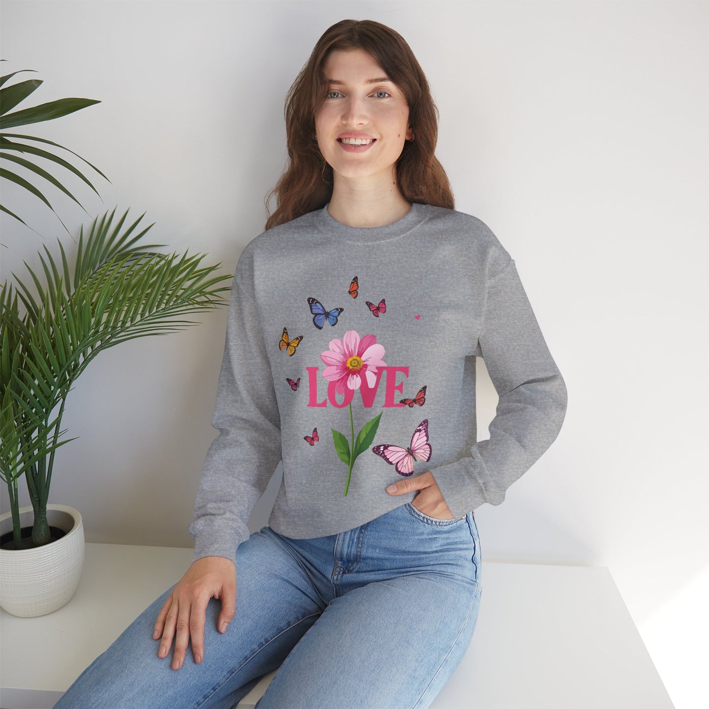 Unisex Floral Love Sweatshirt, Love Floral Sweatshirt, Floral Butterfly Sweatshirt, 50/50 Cotton-Poly Valentine's Day Sweatshirt 01