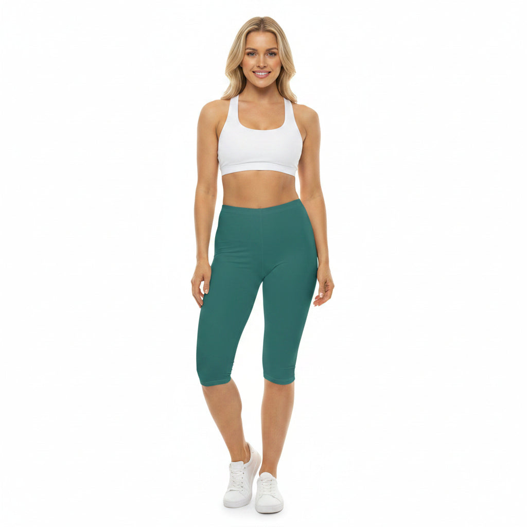 Pine Teal Color Women's Brushed Suede Poly Span Casual Capri Leggings XS-2XL
