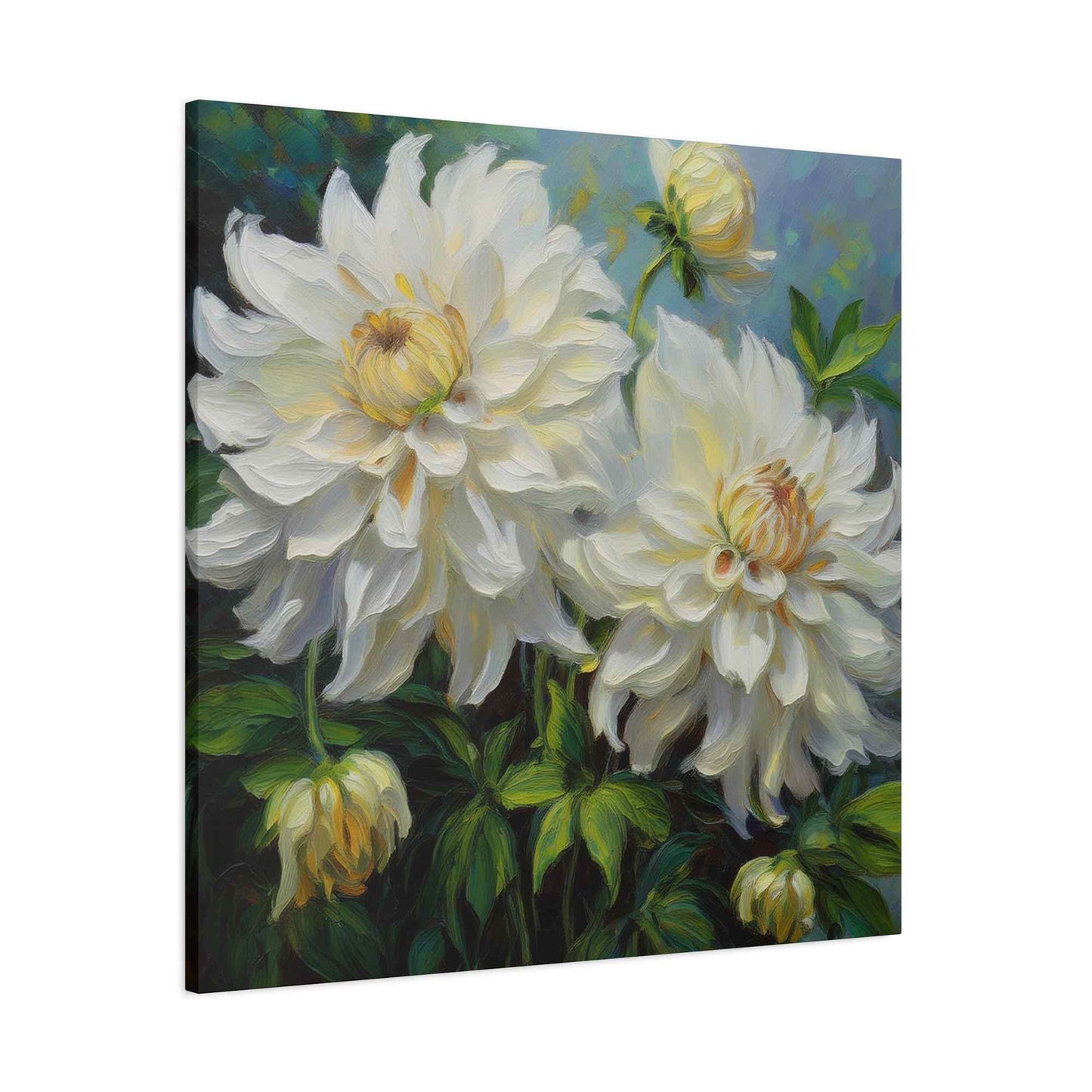 White Dahlias Print Canvas, Floral Oil Paint Print 20x20, 24x24, 30x30, 32x32, 36x36 Art Design Pine-Wood Inner Frame MC-170