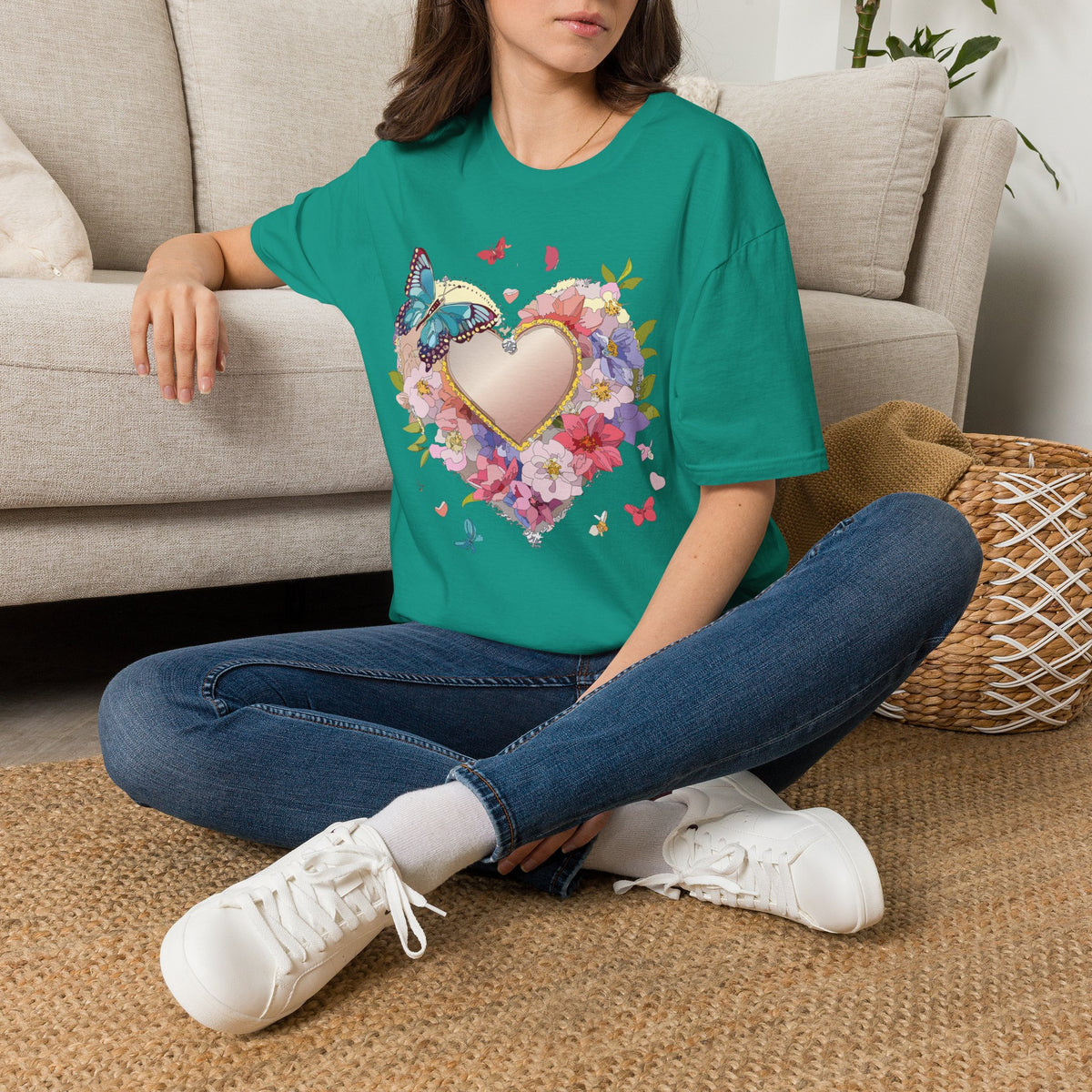 Butterfly Floral Heart Pink Gold Heart with Flowers and Butterflies Graphic Design Unisex 100 Cotton Gildan T-Shirt