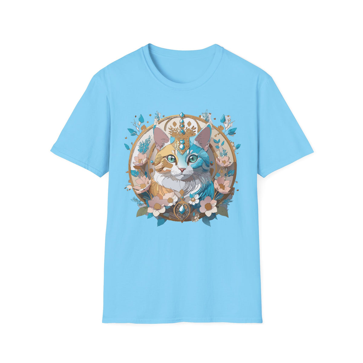 Two-Tone Cat Portrait T-Shirt | Floral Crescent, Boho Kitty