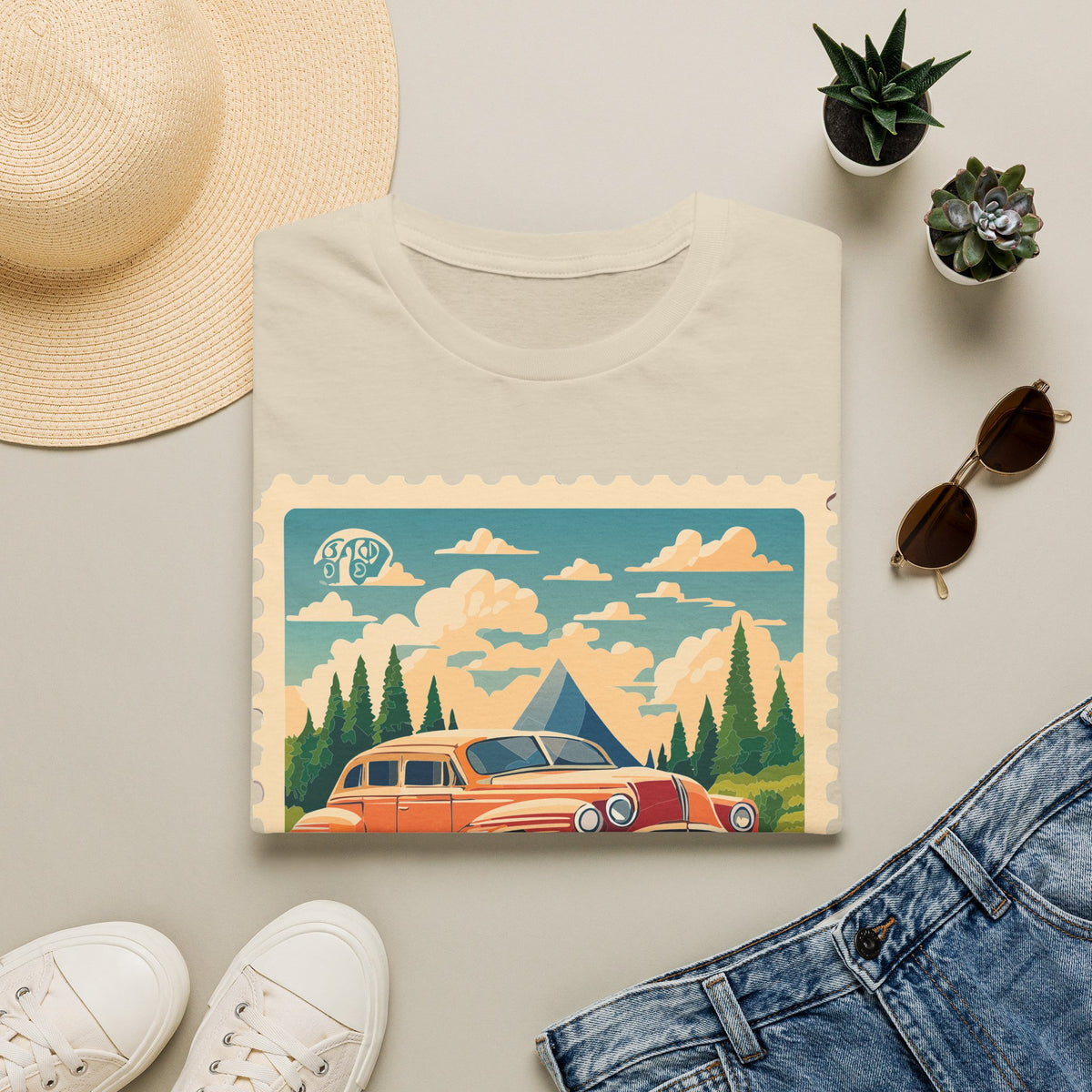 Vintage Road Trip Car T-Shirt | Retro Camper Scenic Stamp Graphic Tee Unisex 100 Cotton Gildan T-Shirt