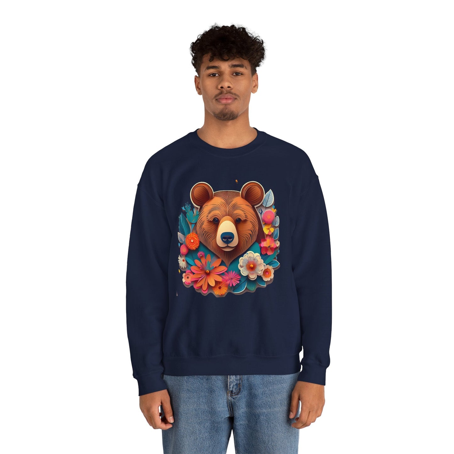 Unisex Floral Bear Sweatshirt Art Design Gildan 18000 Heavy Blend Crewneck