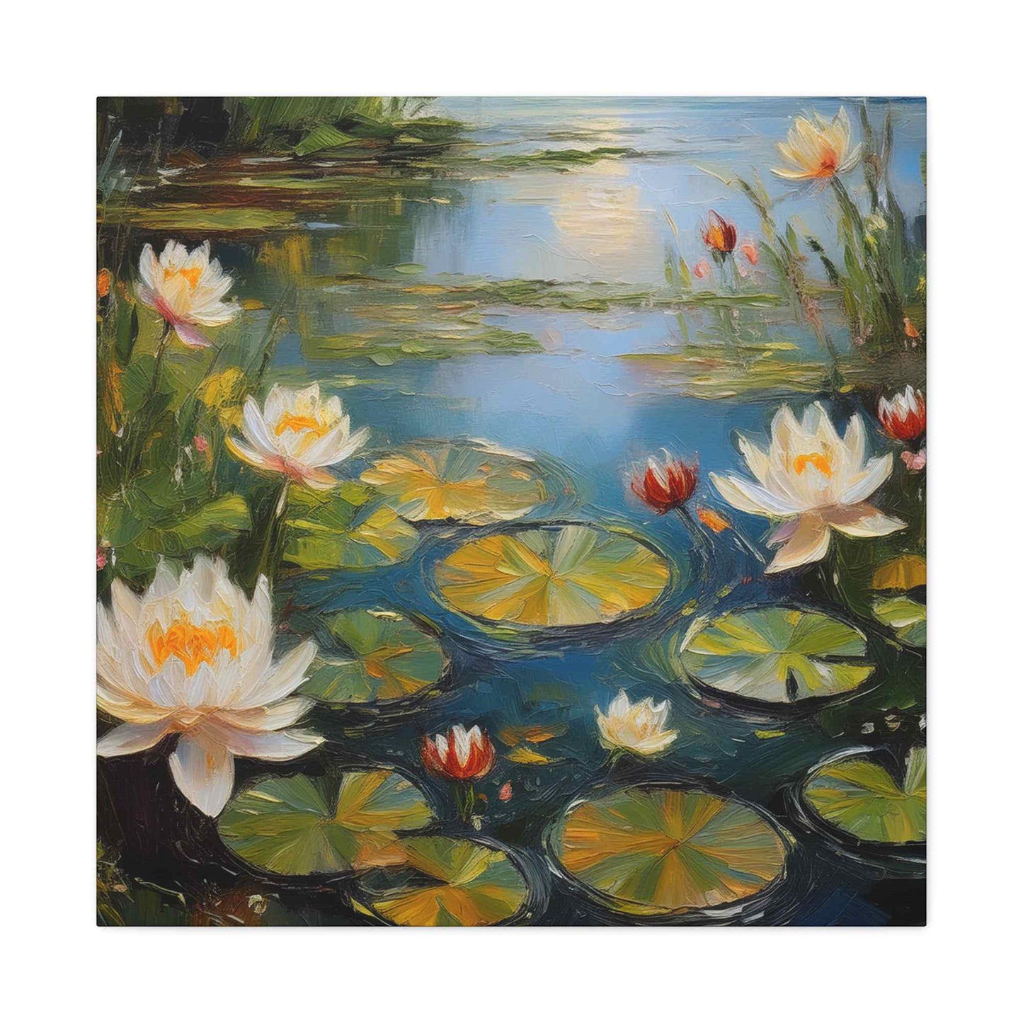 Water Lilies Print Canvas, Oil Paint Print 20x20, 24x24, 30x30, 32x32, 36x36 Floral Art Print Pine-Wood Inner Frame MC-64