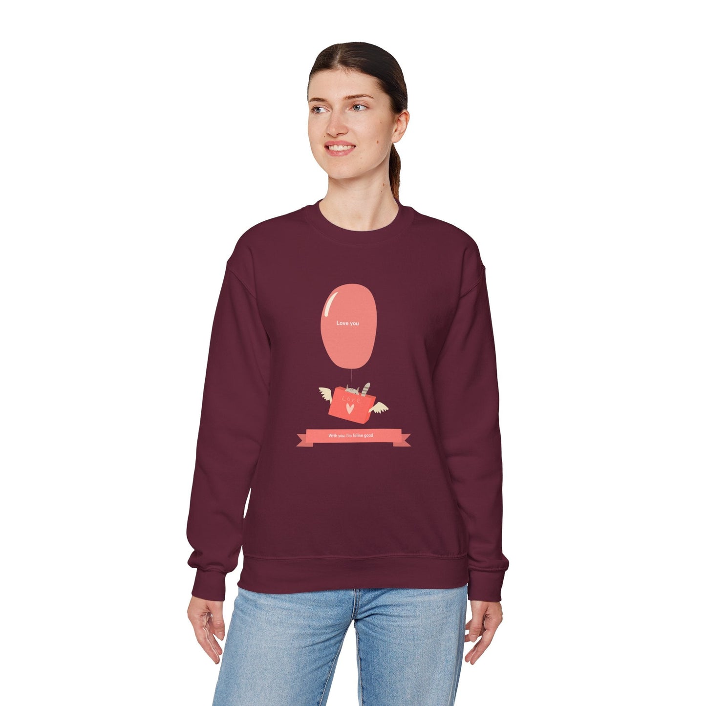 Cat Love Balloon Sweatshirt Unisex Fifty Fifty Cotton Poly Valentine Heavy Blend Crewneck Sweatshirt