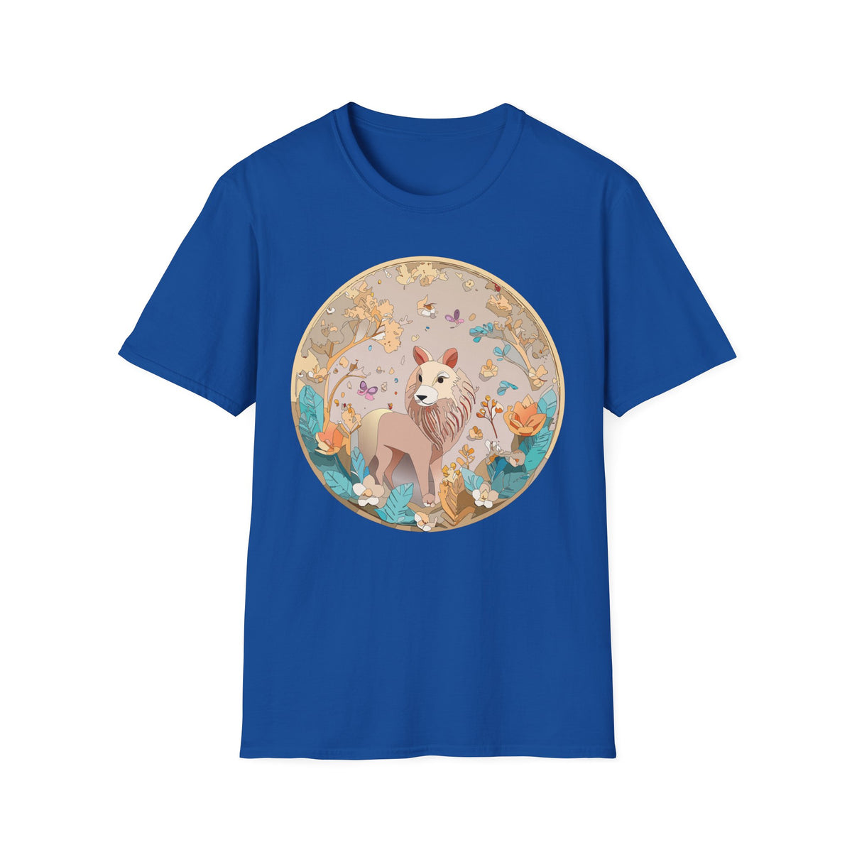 Whimsical Lion Garden Illustration T-Shirt | Floral Circle Art