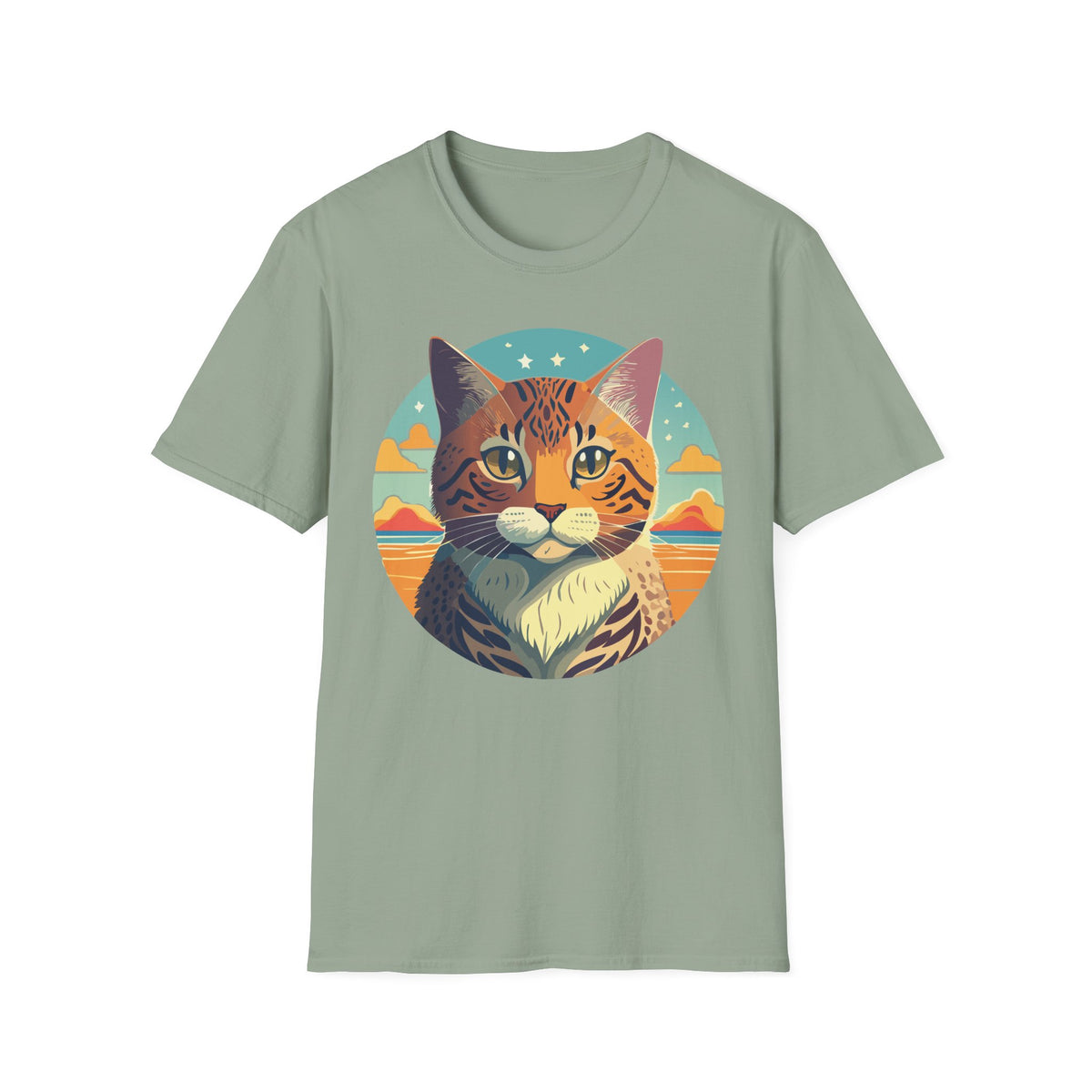 Retro Tabby Cat Illustration T-Shirt | Vintage Sunset Cat Tee