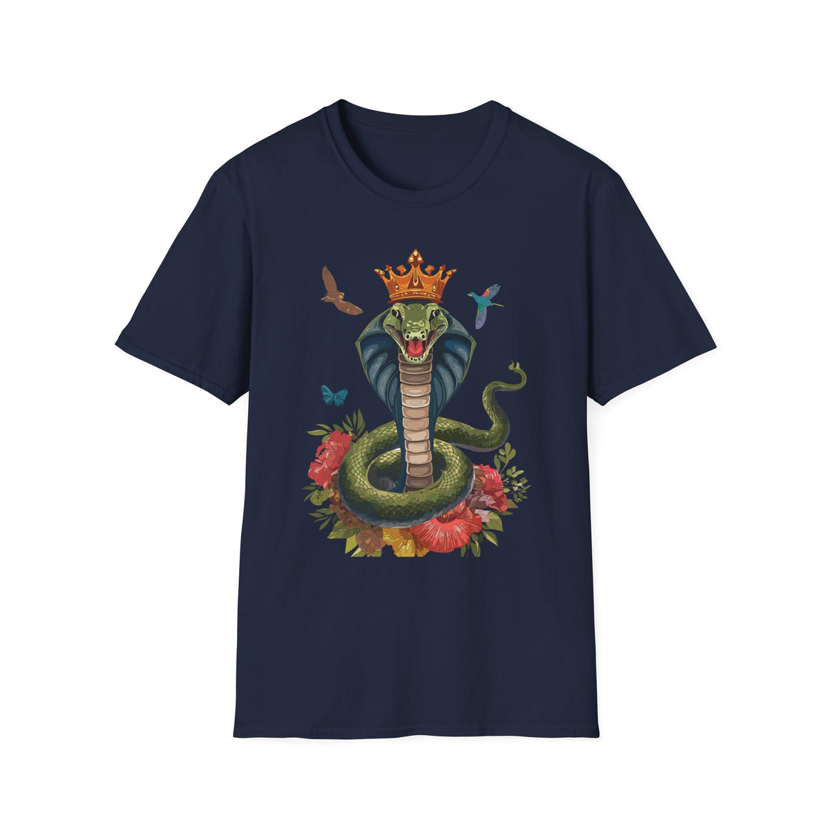 Crowned King Cobra Shirt | Snake Illustration, Floral Accents, Wildlife