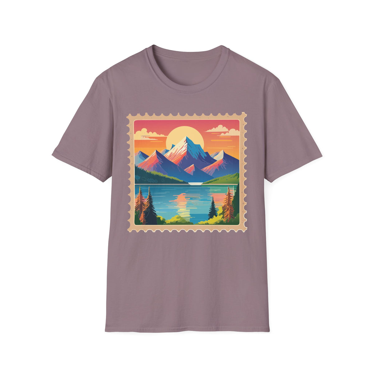 Vintage Mountain Sunset postage stamp T-Shirt | retro travel landscape