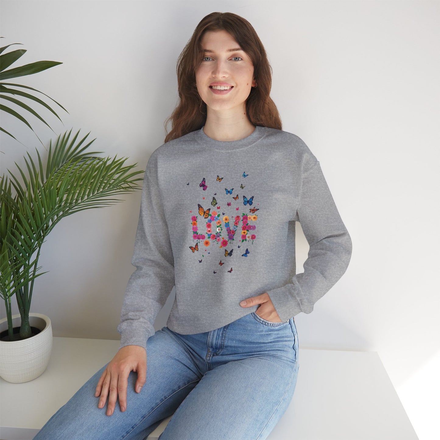 Unisex Floral Love Sweatshirt, Love Floral Sweatshirt, Floral Butterfly Sweatshirt, 50/50 Cotton-Poly Valentine's Day Sweatshirt 08