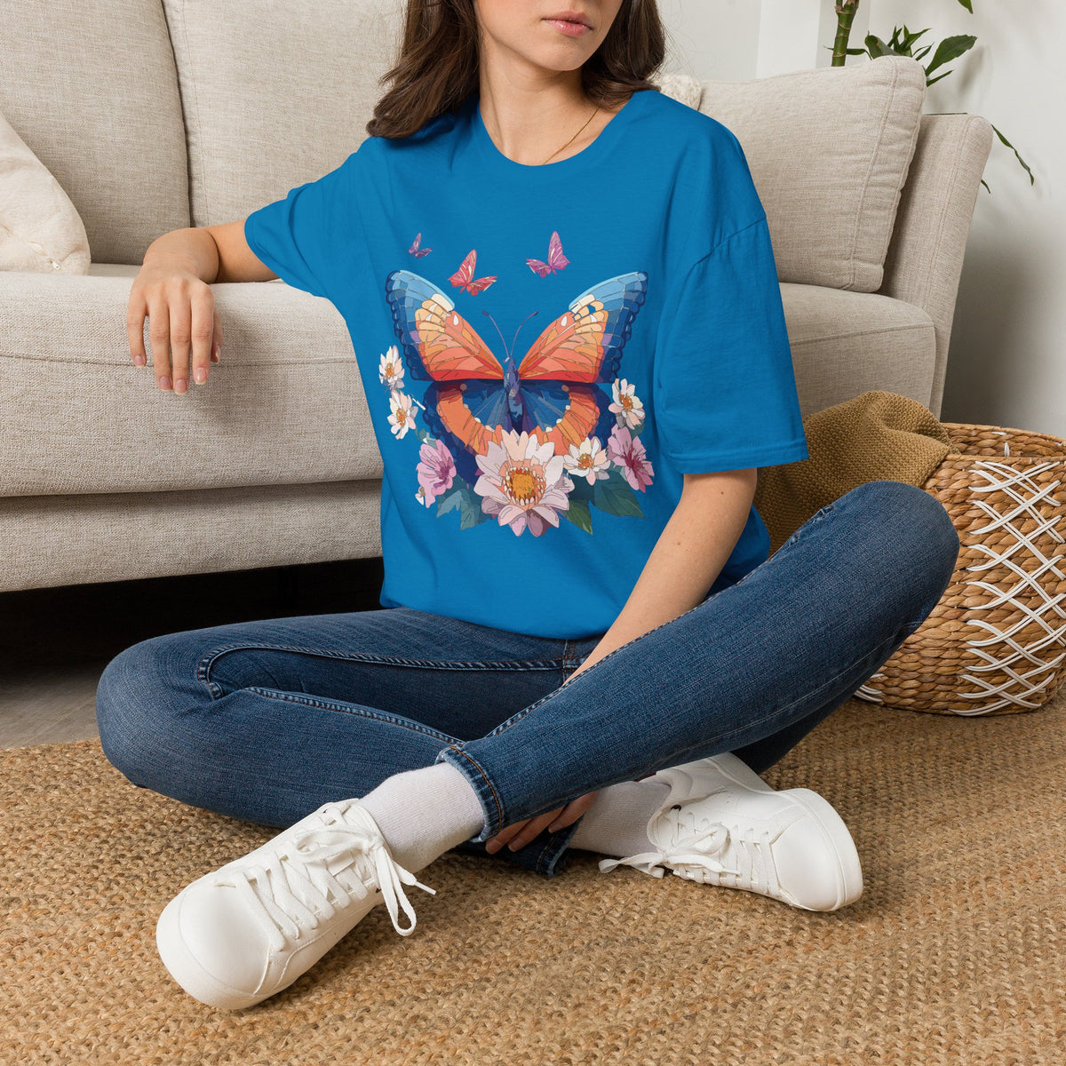 Butterfly Floral T-Shirt – Vibrant Orange & Blue Butterfly with Flowers Graphic Tee Unisex 100 Cotton Gildan T-Shirt