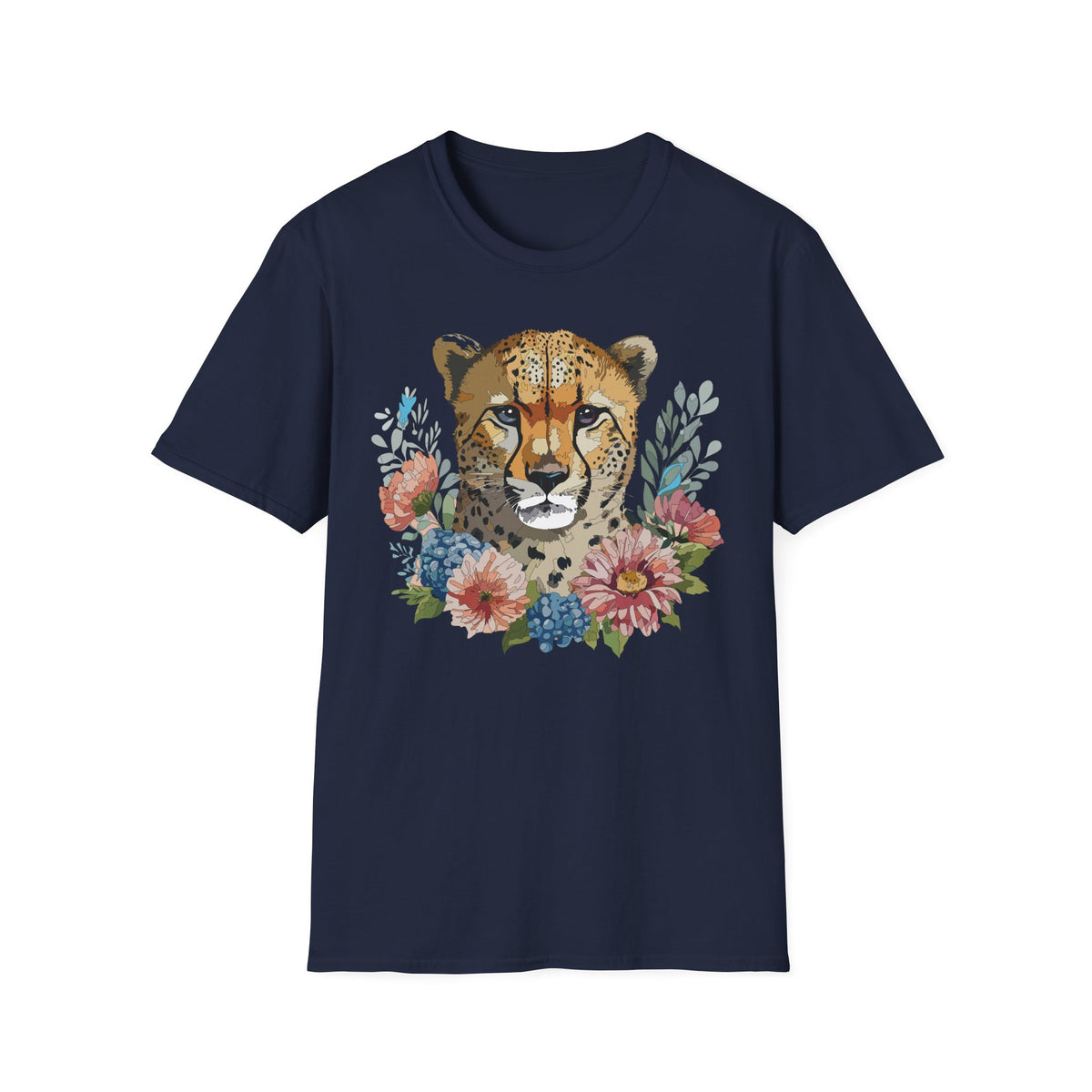 Floral Cheetah Face T-Shirt | Wild Cat Illustration, Botanical Accent