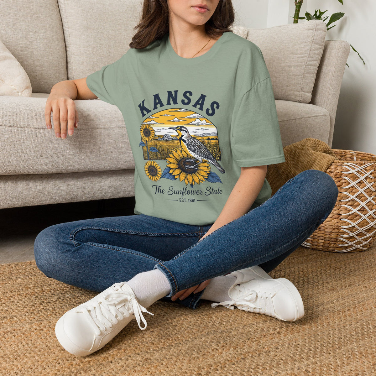 Kansas Sunflower State T-Shirt — Meadowlark Sunflowers Travel Tourist Graphic Design Unisex 100 Cotton Gildan T-Shirt