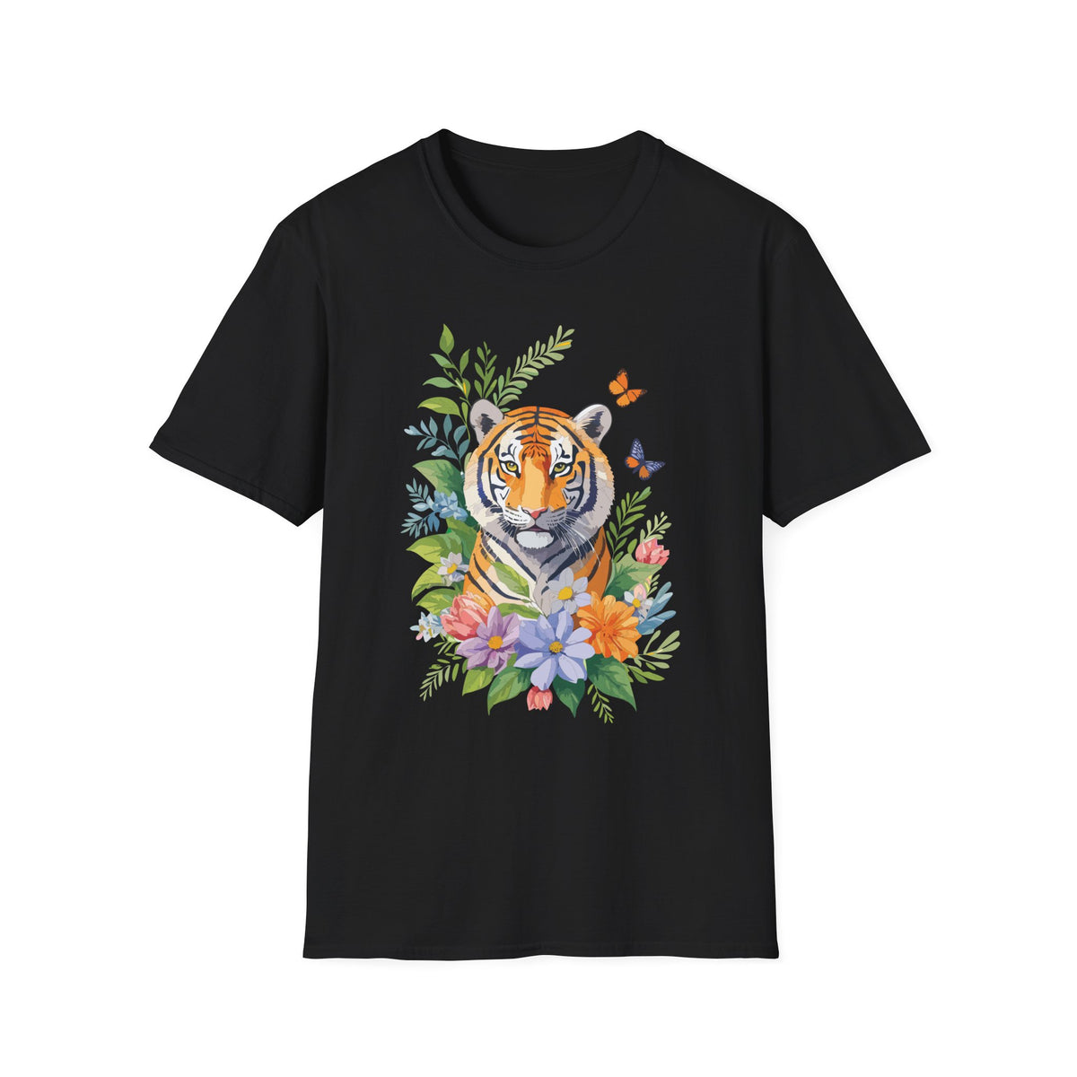 Watercolor Tiger with Butterflies T-Shirt | Floral Jungle Tee