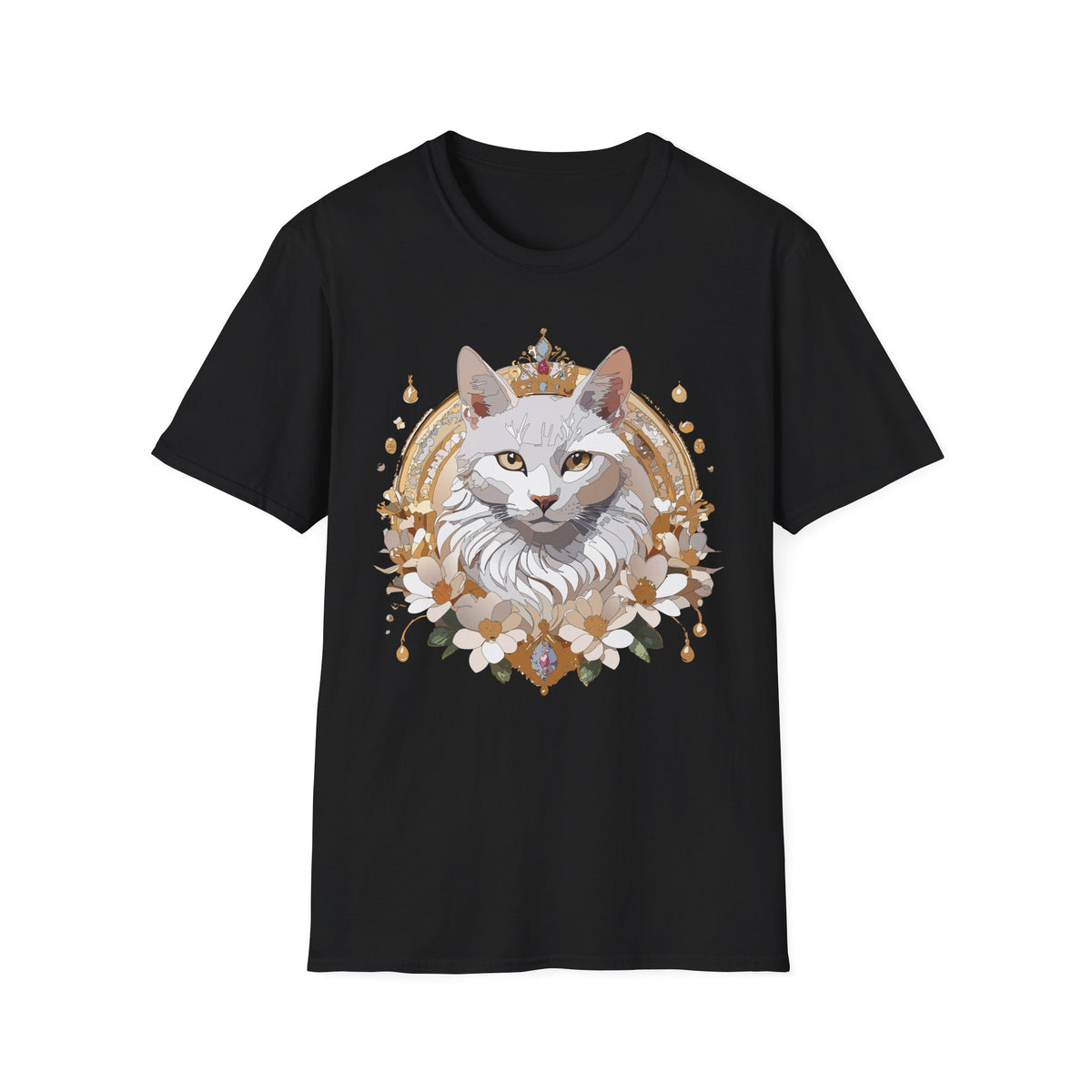 Regal White Cat Illustration T-Shirt | Crowned Feline Art