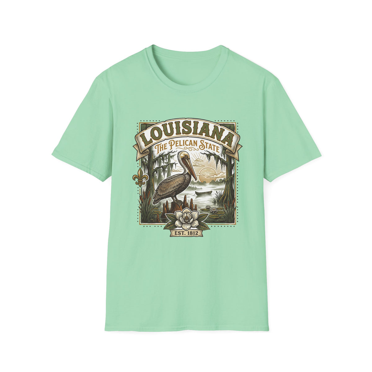 Louisiana Pelican State T-Shirt – Vintage Travel Tourist Graphic Design Unisex 100 Cotton Gildan T-Shirt