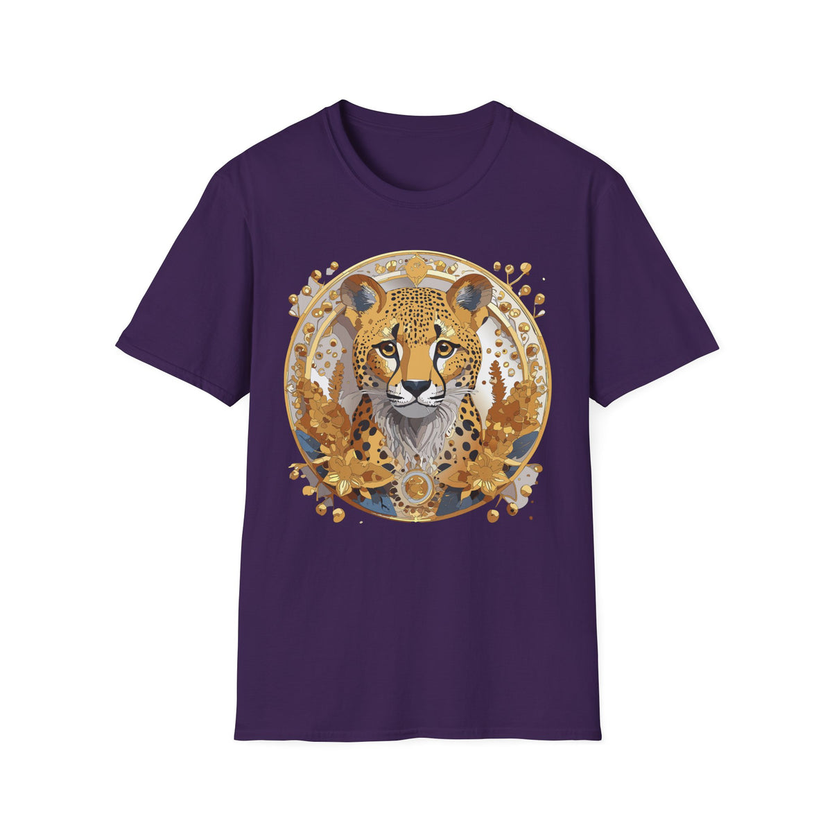 Golden Cheetah Face T-Shirt | Floral Accent, Boho Circle Design