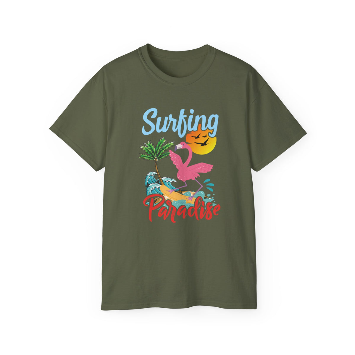 Surfing Paradise Flamingo Tee | Tropical Palm Sunset Surfboard