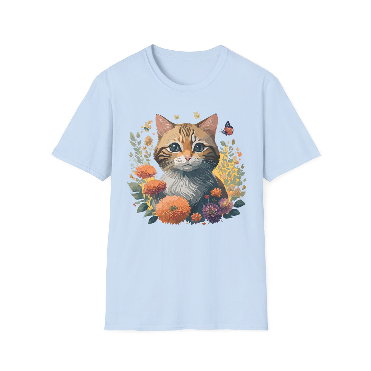 Cute Tabby Kitten Floral Illustration T-Shirt | Cat, Butterfly, Wildflowers Graphic Tee Unisex 100 Cotton Gildan T-Shirt