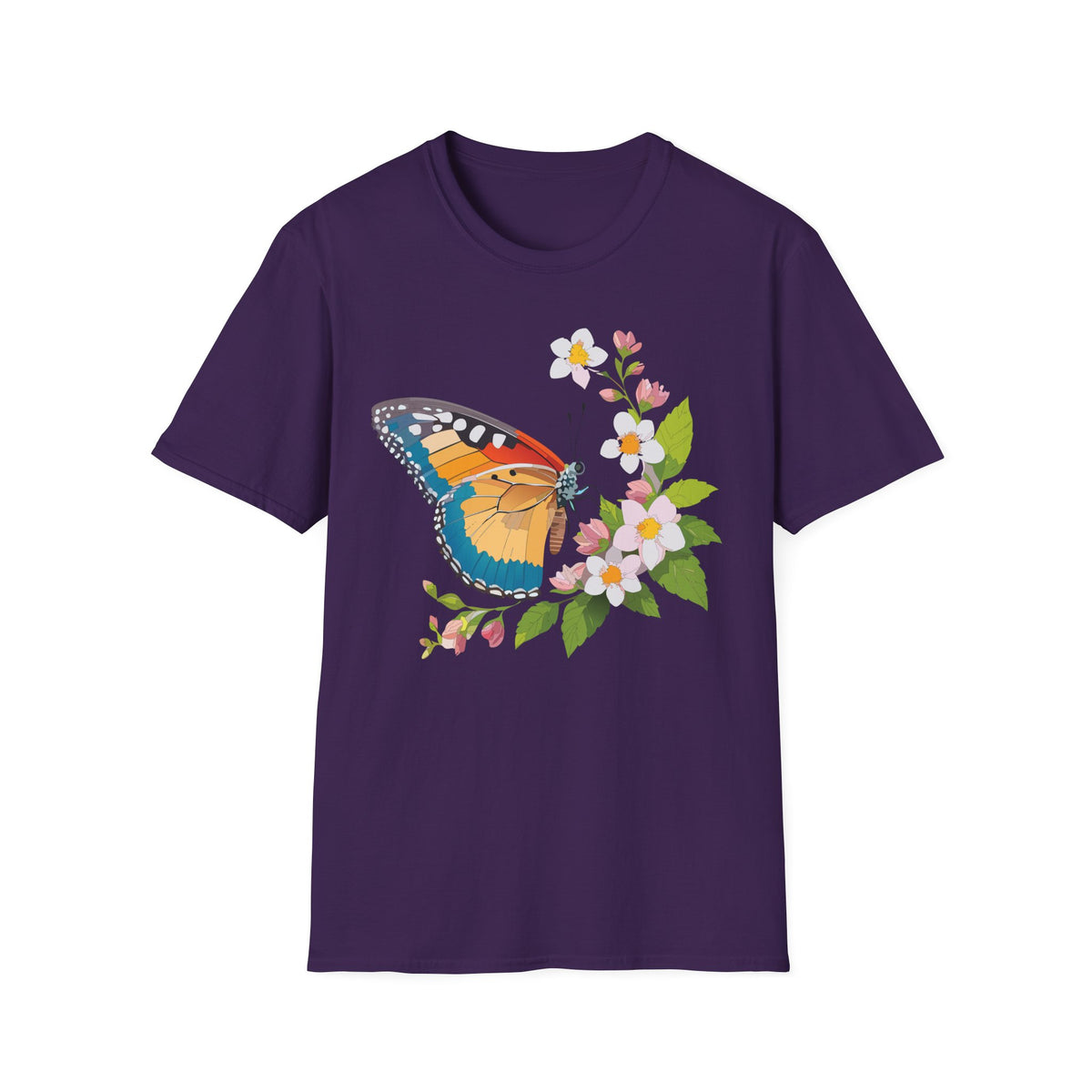 Butterfly Floral T-Shirt — Colorful Monarch with Blossoms Graphic Design Unisex 100 Cotton Gildan T-Shirt