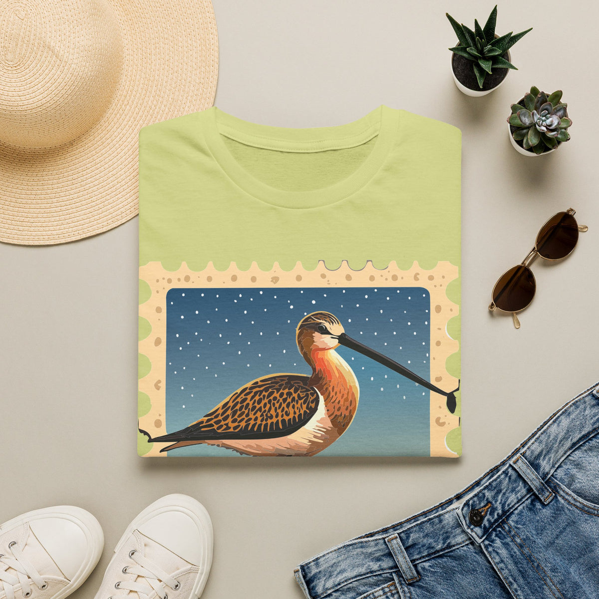 Shorebird Illustration T-Shirt | Vintage Postage Stamp Graphic Tee Unisex 100 Cotton Gildan T-Shirt