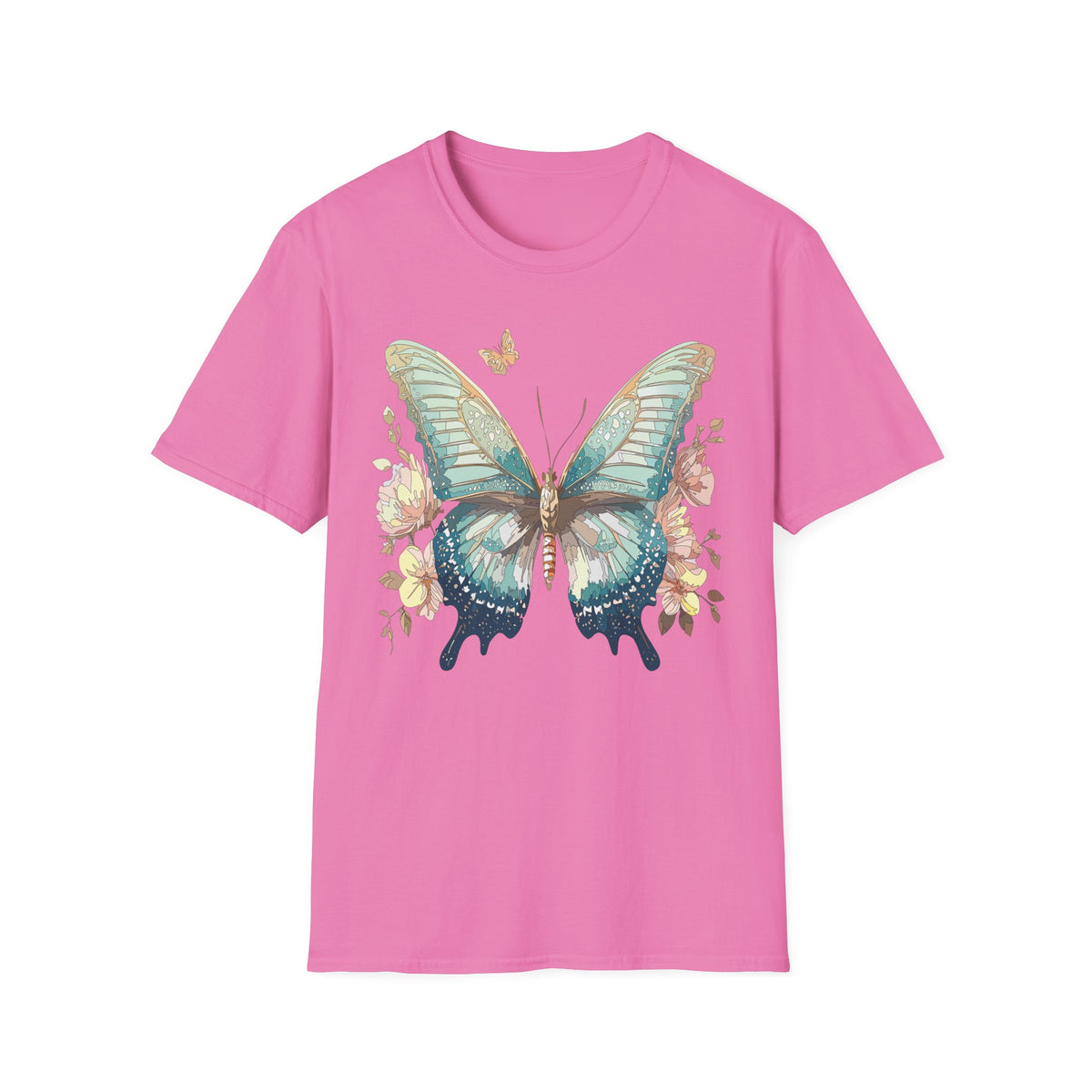 Teal Watercolor Butterfly T-Shirt | Floral Accent, Boho Nature Graphic Tee Unisex 100 Cotton Gildan T-Shirt