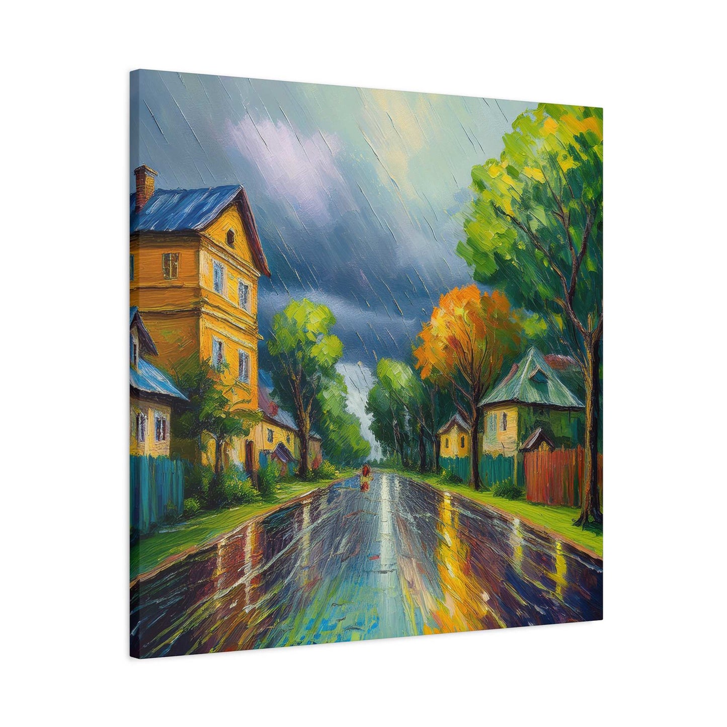 Rainy Village Street Canvas, Matte Oil Paint Print 20x20, 24x24, 30x30, 32x32, 36x36, Art Design Print Non-Frame MC-1