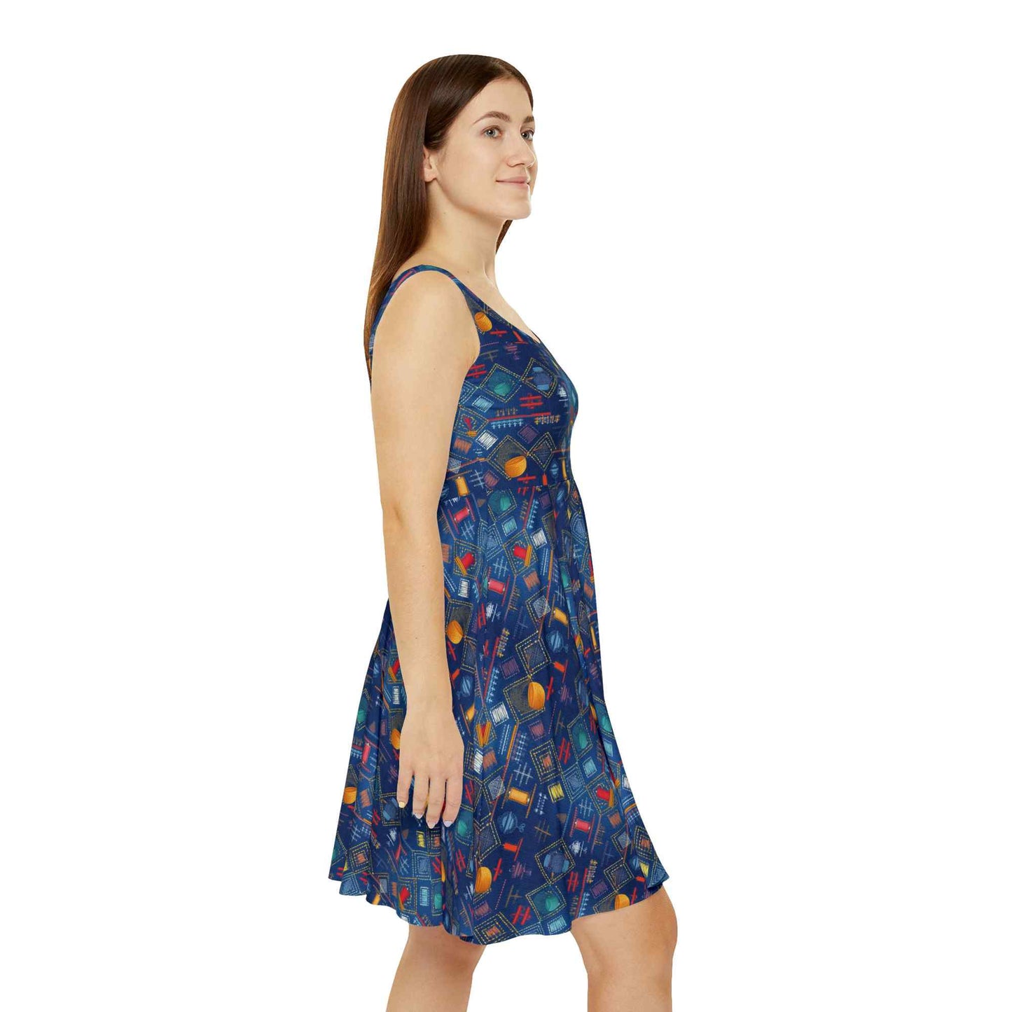 Women Diwali Denim Print Skater Dress, Denim Print Poly-Span Dress - 48