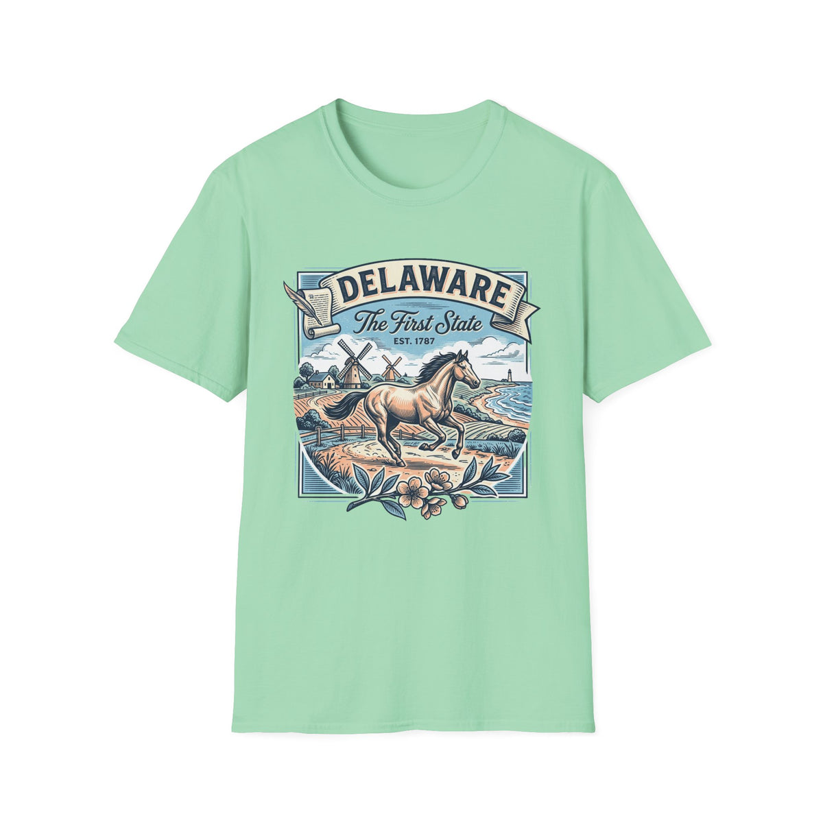 Delaware 'The First State' Scenic Travel Tourist Graphic Tee Unisex 100 Cotton Gildan T-Shirt