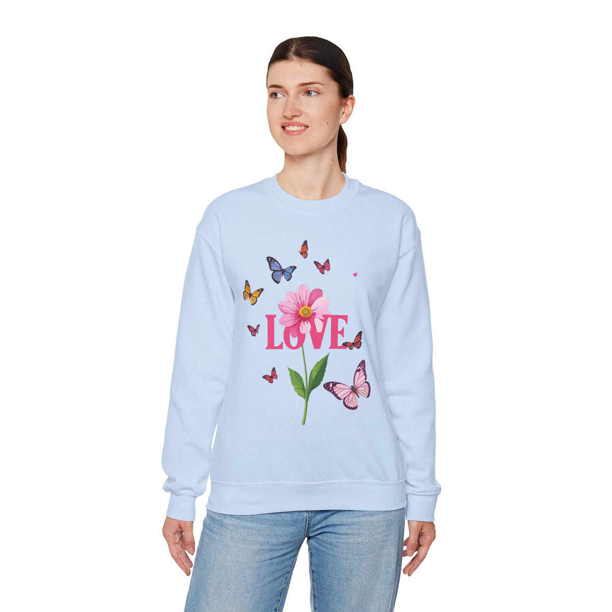 Unisex Floral Love Sweatshirt, Love Floral Sweatshirt, Floral Butterfly Sweatshirt, 50/50 Cotton-Poly Valentine's Day Sweatshirt 01