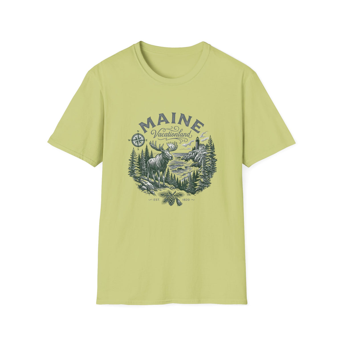 Maine Wilderness Moose Graphic T-Shirt — Vintage State Nature Travel Tourist Graphic Design Unisex 100 Cotton Gildan T-Shirt