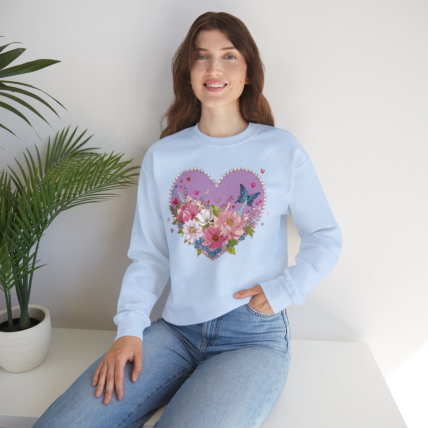 Floral Heart Sweatshirt Unisex Crewneck Valentines Day Heavy Blend Gildan 18000 Cozy Warm