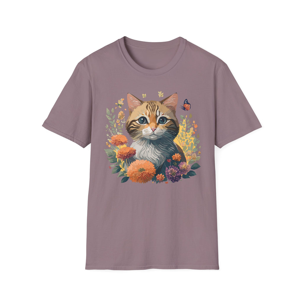 Cute Tabby Kitten Floral Illustration T-Shirt | Cat, Butterfly, Wildflowers
