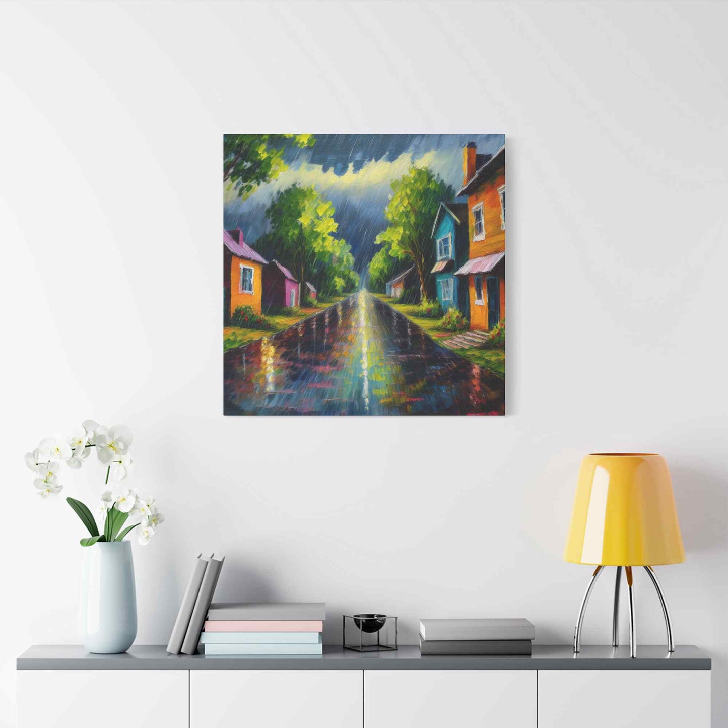 Rainy Village Street Canvas, Matte Oil Paint Print 20x20, 24x24, 30x30, 32x32, 36x36, Art Design Print Non-Frame MC-2