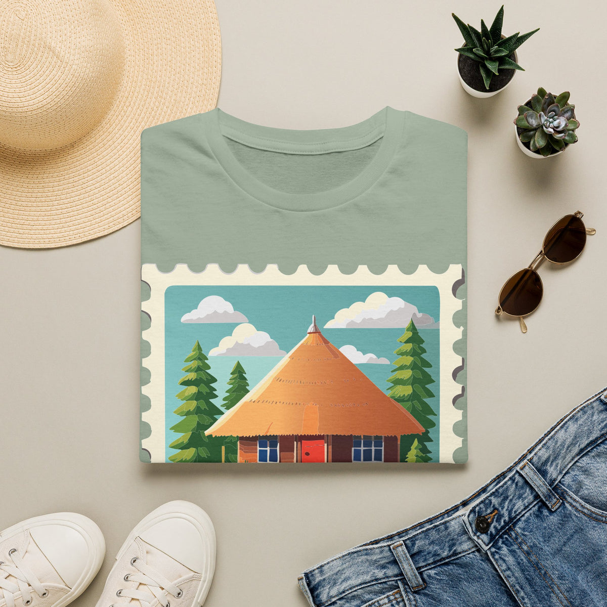 Cozy Lakeside Cottage Illustration T-Shirt | Retro Stamp Artwork
