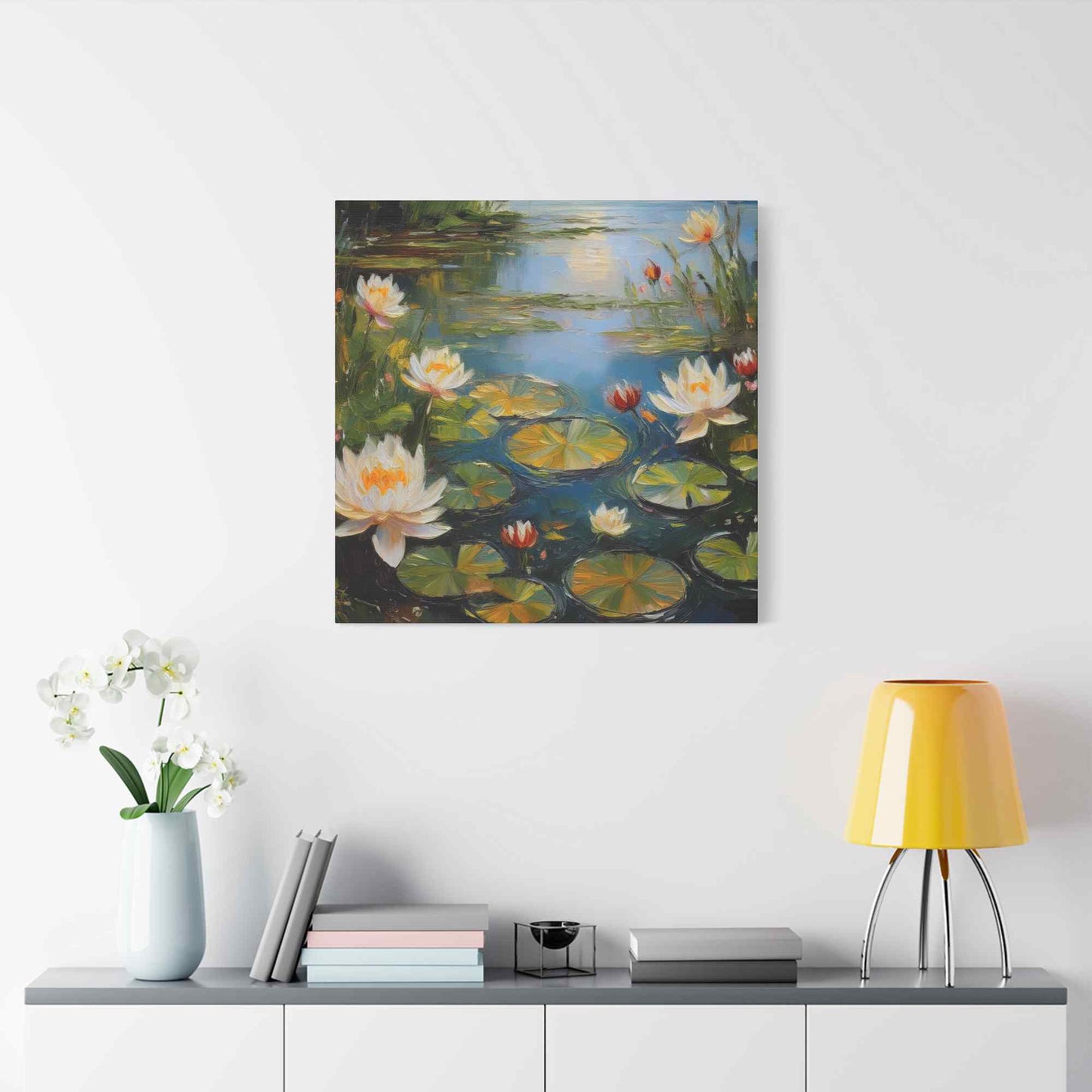 Water Lilies Print Canvas, Oil Paint Print 20x20, 24x24, 30x30, 32x32, 36x36 Floral Art Print Pine-Wood Inner Frame MC-64
