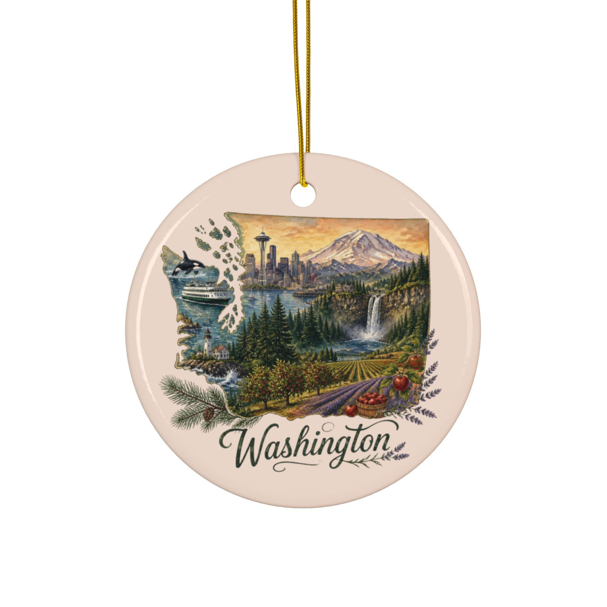 Washington State Scenery Ornament | Ceramic Round Double-Sided Ornament - 2.99" Includes Gold String