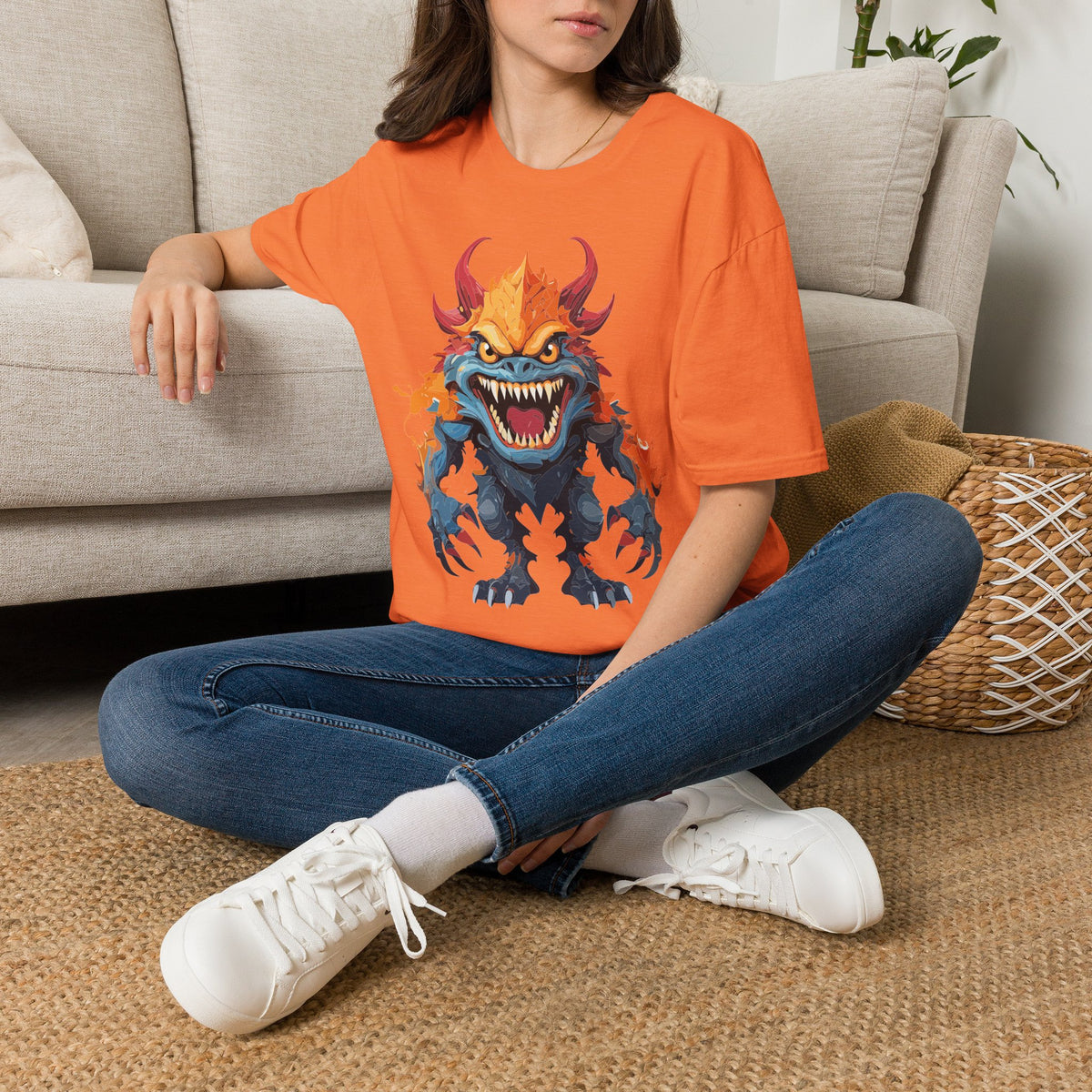 Monster T-Shirt — Fiery Demon Creature Cartoon Graphic Tee Unisex 100 Cotton Gildan T-Shirt