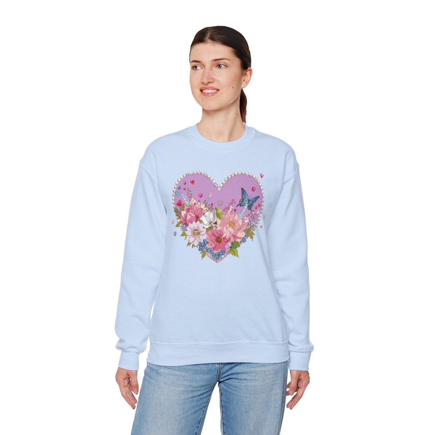 Floral Heart Sweatshirt Unisex Crewneck Valentines Day Heavy Blend Gildan 18000 Cozy Warm
