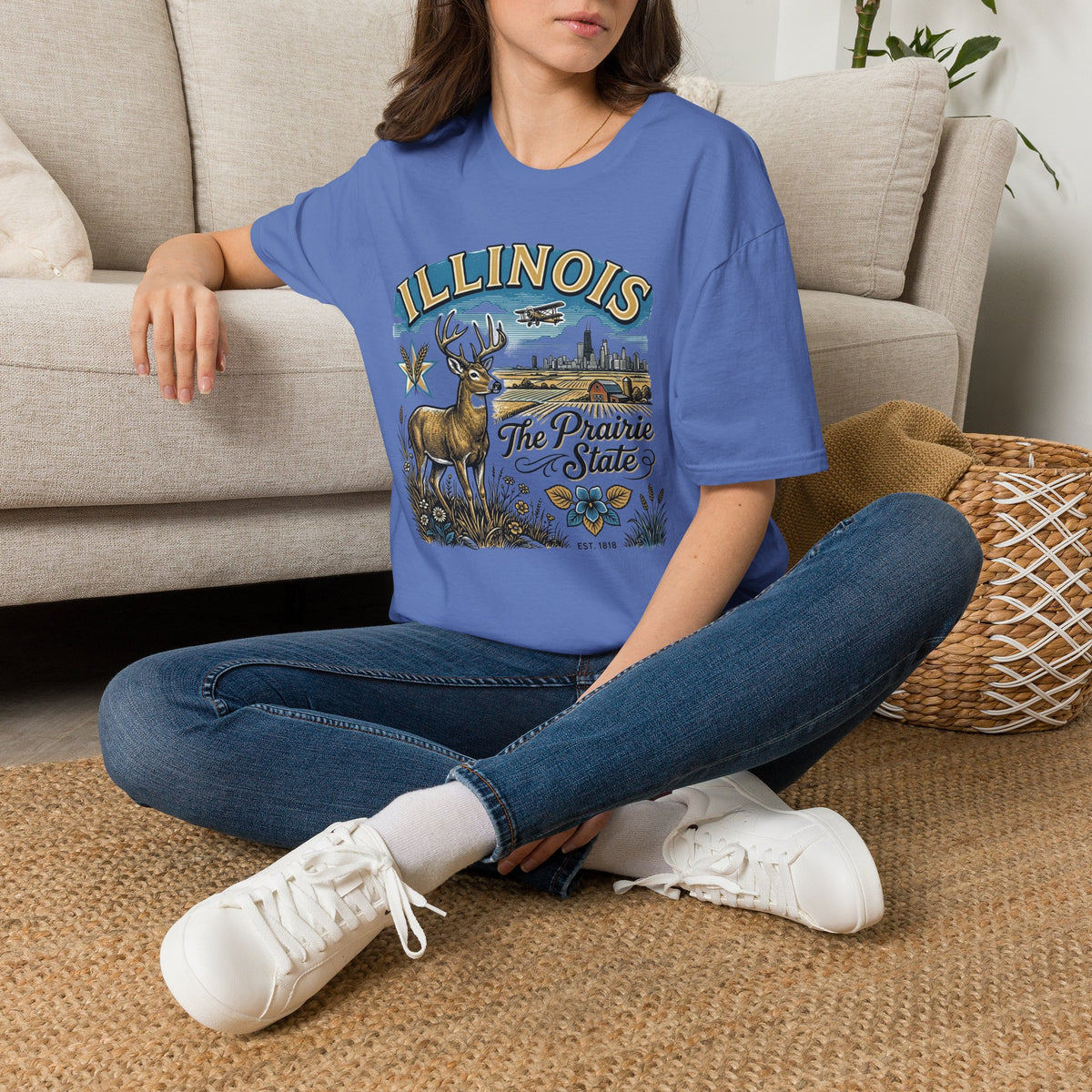 Illinois The Prairie State T-Shirt — Deer & Skyline Vintage Travel Tourist Graphic Tee Unisex 100 Cotton Gildan T-Shirt