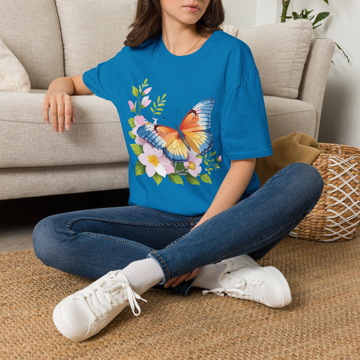 Butterfly Floral T-Shirt — Watercolor Orange & Blue Butterfly on Blossoms Graphic Design Unisex 100 Cotton Gildan T-Shirt