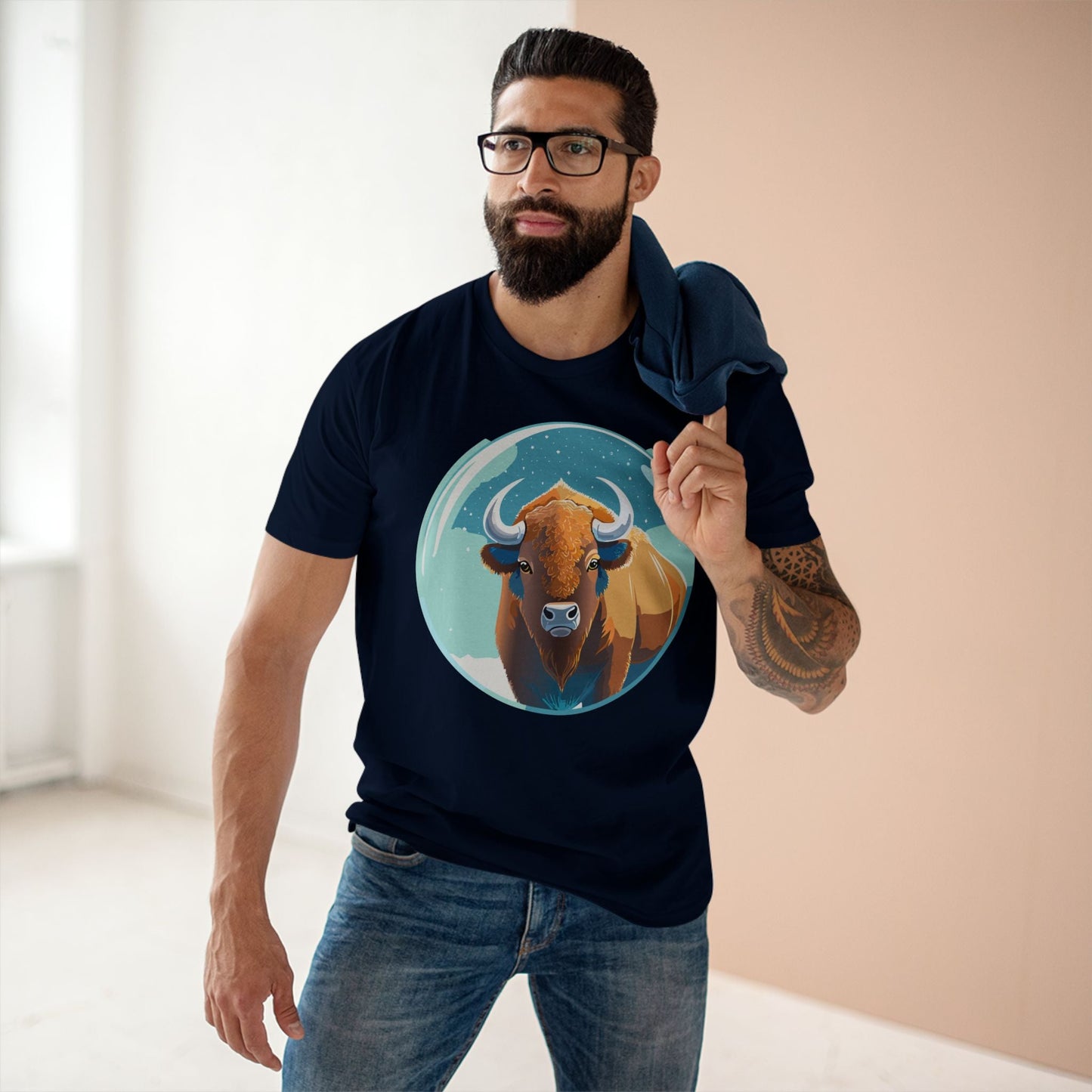 Retro2Nova Bison Art Tee Unisex Premium Cotton Staple Shirt With Original Animal Illustration From Art Collection