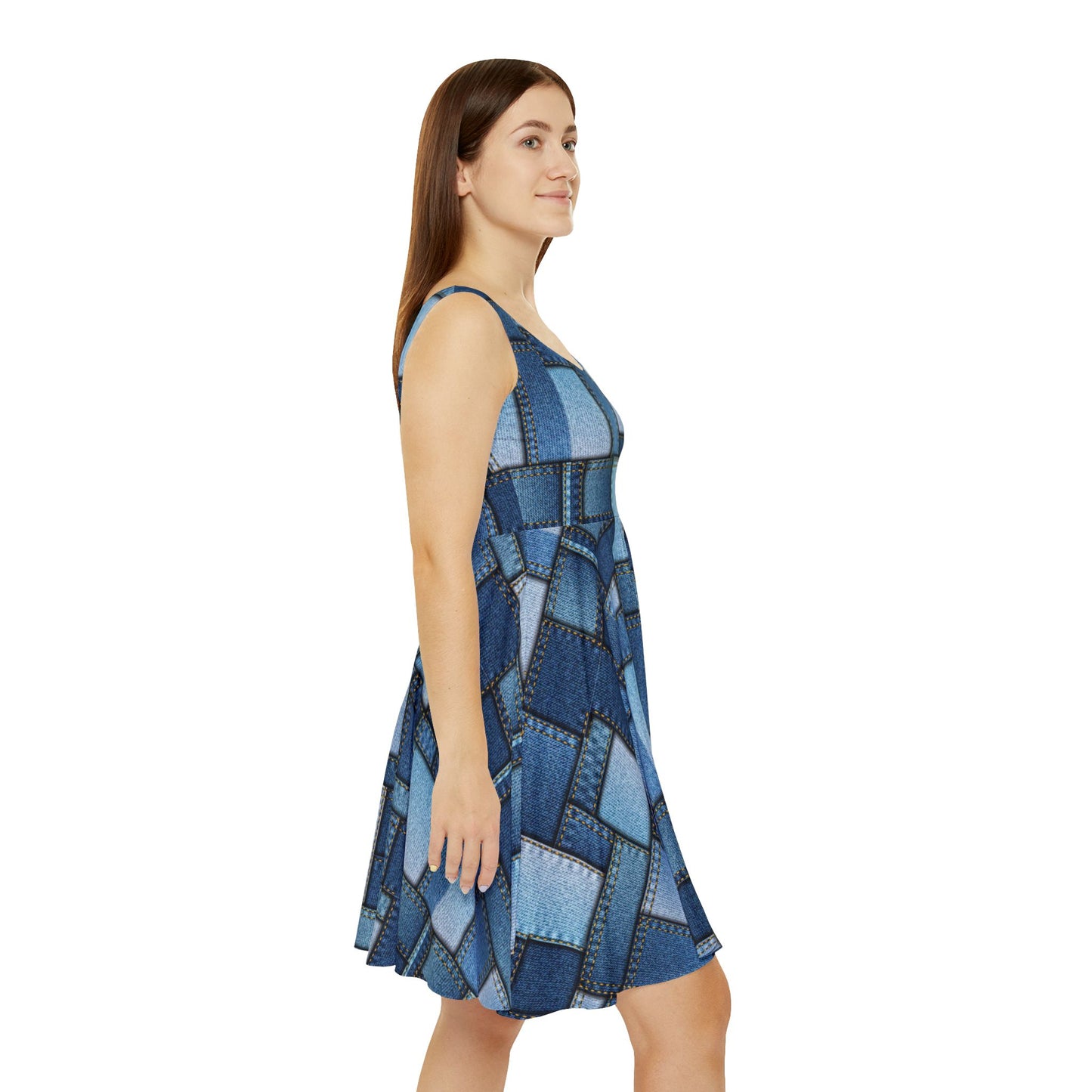 Women Denim Print Skater Dress, Denim Print Poly-Span Dress -1