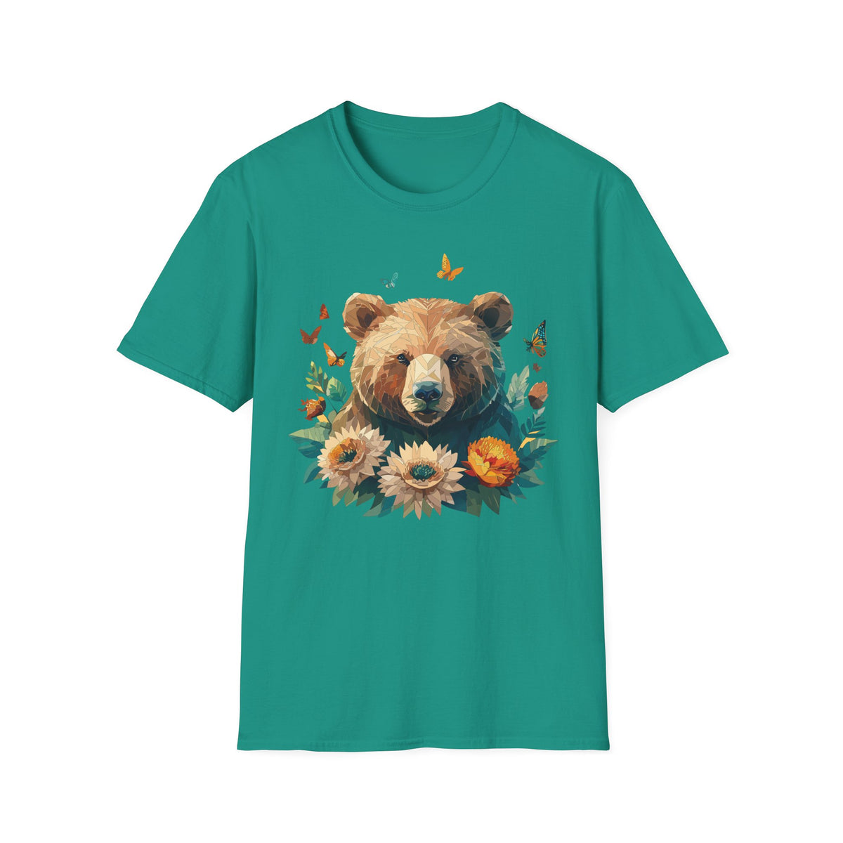 Floral Bear Illustration T-Shirt | Bear with Sunflowers and Butterflies