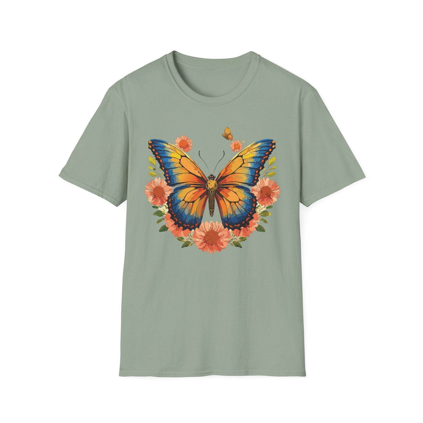 Butterfly T Shirt Unisex Softstyle Gildan 64000 Monarch Print 100 Percent Ring Spun Cotton